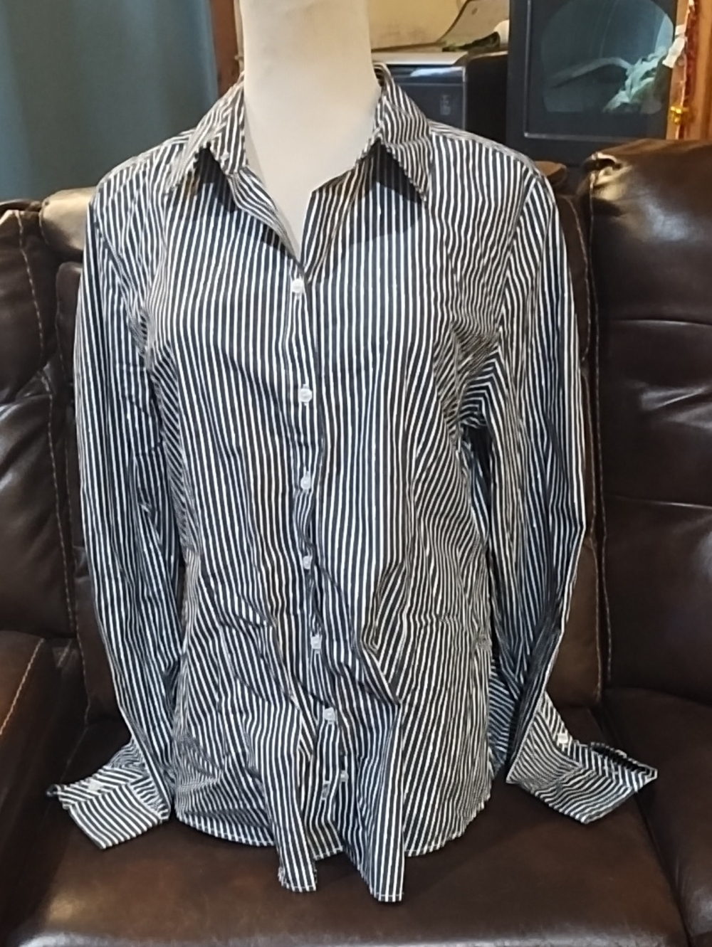 New York & Company Gray and White Vertical Stripe Dress Shirt